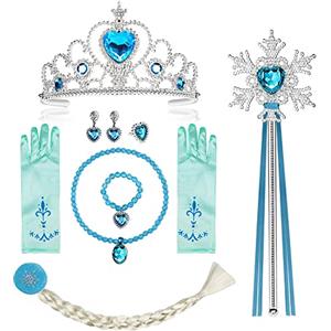 Vicloon Nuovi Accessori per Vestire Principessa, 10PCS Set da Principessa Elsa Corona Bacchetta Guanti Treccia, Elsa Costume di Cosplay Party, con Collana e Bracciale in Cristallo Blu
