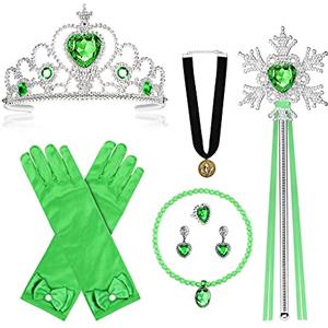 Vicloon Costumi da Principessa, 9PCS Nuovi Costumi da Principessa Anna per Bambina, con Principessa Corona, Bastone da Neve, Guanti, Orecchini, Anello, 2 Collane con Stili Diversi (Verde)