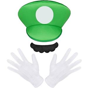 AOMIG Mario Costume Accessories, 3 Pezzi Mario-Bros Accessori con Cappello Guanti Baffi, Luigi-Bros Costume Accessorio per Adulti e Bambini, per Carnevale e Cosplay(Verde)