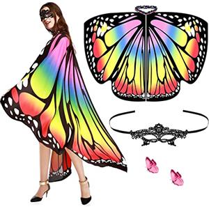 Aomig Mantello Ali di Farfalla, 3 Pezzi Ali di Farfalla Costumi, Costume Farfalla per Bambina con Maschere e Fascia per Capelli, Mantella Farfalla per Halloween, Carnevale, Compleanni, Feste