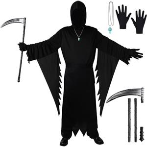 BSBUY Adults Costume Fantasma Nero, 5PZ Scream Ghostface Veste di Halloween, Unisex Phantom of Darkness Vestito, Abito da Triste Mietitore per Adulti per Carnevale, Horror Party, Feste in Maschera