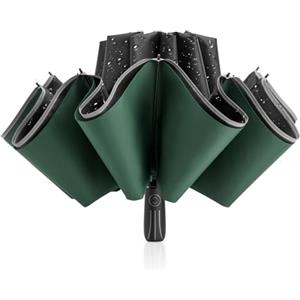 G4Free Ombrello invertito grande a doppio strato, 12 costole, compatto, antivento, pieghevole, automatico, con striscia riflettente (verde scuro)