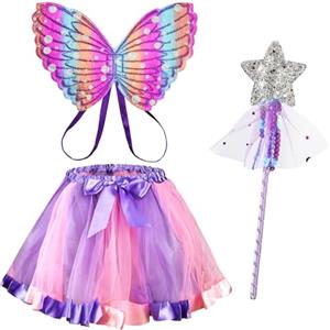 AUYAO Costume Fata Ragazza, Vestito Principessa Farfalla Fata, 3 Pcs Ali di Farfalla per Bambini, con Gonna Tutù, Fata Ali, Bacchette, Bambini Butterfly Wings Costume per Carnevale Cosplay, Viola