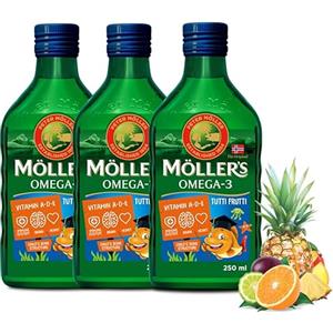 Möller's Omega 3 epatico merluzzo | Nordic omega 3 integratore alimentare per bambini con EPA, DHA, vitamina A, D ed E | Olio di fegato naturale ad alta purezza | Marchio 165 anni | Tutti Frutti | 250