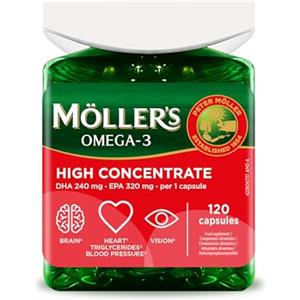 MÖLLER'S Moller's ® | High Concentrate | Omega 3 | Olio di pesce premium | Dosaggio elevato fino a 3360 mg di EPA+DHA | in forma trigliceridica | per cervello, vista, cuore, pressione sanguigna | 120 capsule