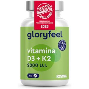 Gloryfeel Vitamina D3 K2, Vitamina D, Eletto PRODOTTO DELL'ANNO 2025, Qualità Premium K2VITAL®, 200 Compresse, Vitamina D3 2000 UI + 100 µg Vitamina K, Supporta Ossa, Denti, Articolazioni e Sistema Immunitario