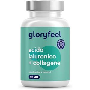 Gloryfeel Collagene e Acido Ialuronico Integratore 180 Capsule, + Vitamina C, Biotina, Zinco e Selenio, 1000mg Collagene Idrolizzato + 200mg Acido Ialuronico con Bambù & Silicio