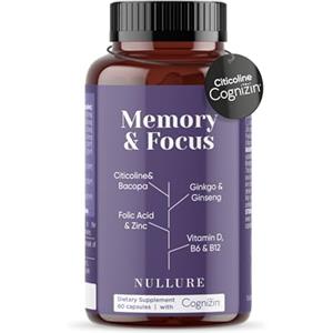Nullure Nootropico | con Citicolina 250 mg COGNIZIN® | Integratore Memoria e Concentrazione | Testato da terzi | Vegano e Senza Additivi | con Ginkgo Biloba | 60 caps (1 mese) | Prodotto a Barcellona