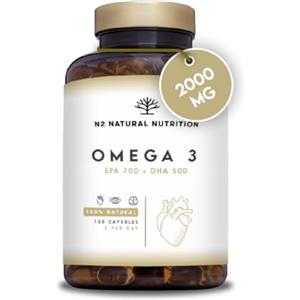 N2 Natural Nutrition Omega 3 Olio di Pesce 2000 mg. 700 mg EPA e 500 mg DHA Alto Dosaggio. Integratore Omega 3 con Vitamina E. Vista, Cervello e Cuore. 120 Softgel di Fish Oil. N2 Natural Nutrition