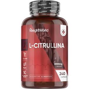 WeightWorld L Citrullina Vegana, 240 Capsule, 3000mg per Dose, con L-Citrullina Polvere (2 Mesi di Fornitura), Integratore Pre Workout e Post Workout, Aminoacido Privo di Magnesio Stearato, Senza Glutine né OGM