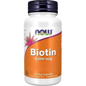 Now Foods, Biotin, 5000mcg, Vitamina B7, Altamente Dosato, 60 Capsule vegane, Testato in Laboratorio, Senza Glutine, Senza Soia, Vegetariano, Non OGM