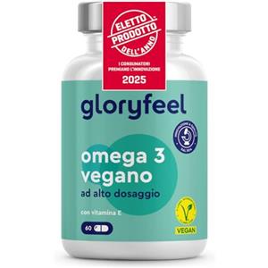 Gloryfeel Omega 3 Vegano, Eletto PRODOTTO DELL'ANNO 2025, 60 Capsule, Materia Prima life'sOMEGA, 2000mg di Olio di Alghe con 600mg di DHA e 300mg di EPA, Alta Biodisponibilità, Arricchito con Vitamina E