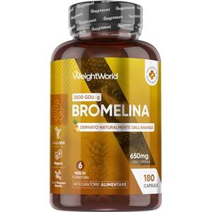 WeightWorld Bromelina Vegana, 180 Capsule (6 Mesi di Scorta), 2500 GDU/g per Capsula, Solo 1 al Giorno, Estratta dall'Ananas, Bromelina Integratore Privo di Magnesio Stearato, Bromelain Senza Glutine né Lattosio