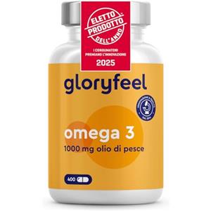 Gloryfeel Omega 3 Olio di Pesce 400 Capsule Eletto PRODOTTO DELL'ANNO 2025 (1 anno), Softgel Omega-3, 1000mg Alto Dosaggio, Vista, Cuore, Cervello, 180mg EPA & 120mg DHA, Integratore Fish Oil