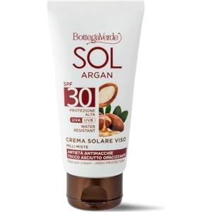 Bottega Verde - SOL Argan, Crema Solare Viso, 50 ml, SPF 30, Antietà e Antimacchie, Protezione Alta, Arricchita con Olio di Argan e Vitamina E, Opacizzante, Formula Vegana, per Pelli Miste e Grasse