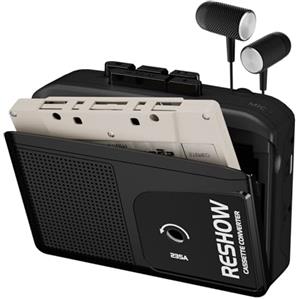Reshow Lettore di cassette portatile Microfono e altoparlante incorporati, convertitore da cassetta USB a MP3, registrazione inversa su nastro, registratore di cassette bianco con cuffie