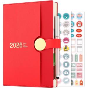 Goldaypln Diario accademico 2026, formato A5, una pagina al giorno, da gennaio 2026 a dicembre 2026, agenda giornaliera 12 mesi, copertina rigida con penna (rosso)