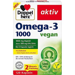 Doppelherz Omega-3 1000 vegan - Acidi grassi omega-3 ad alto dosaggio EPA e DHA da olio vegetale di alghe - 120 capsule piccole facilmente deglutibili