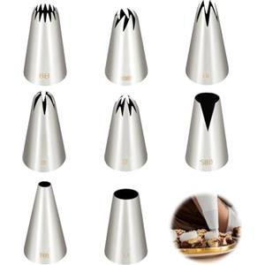 JRILUO Beccucci Sac à Poche Grandi Professionali, 8 Pezzi Inox, Bocchette Pasticceria per Zeppole, Torte, Biscotti - Ugelli Decorativi 1A/1M/2D/2F/580/R6/108E/6B, Compatibili con Sac à Poche
