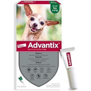 Advantix® Spot-on antiparassitario per Cani fino a 4 Kg, 4 pipette da 0.4 ml. Elimina zecche, pulci, pidocchi e larve di pulce in casa. Protegge da zanzare, pappataci e rischio di leishmaniosi.