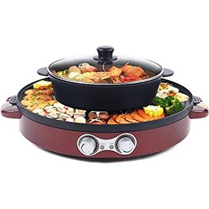 Gaabungky Hot Pot con grill, 2200 W, pentola elettrica con controllo indipendente della temperatura, pratica, 2 in 1, multifunzione, rotonda, per feste di famiglia (rosso)
