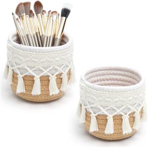 ZRUEWOT Boho macramè - Set di 2 portapenne, organizer da scrivania con nappe, 12 cm x 10 cm, beige e iuta con 15 Pennelli Trucco
