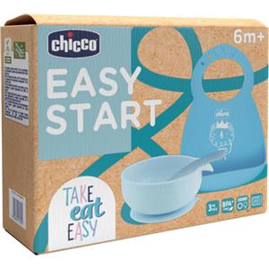 Chicco Set Pappa Silicone Easy Start 6M Azzurro - 3 Pezzi con Ciotola, Bavaglino e Cucchiaio Antiscivolo