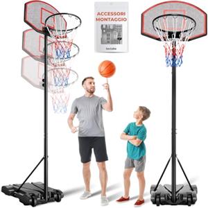 tectake® Canestro Basket con Ruote, Canestro Basket Esterno e Interno con Asta Regolabile in Altezza, Base Riempibile con Acqua o Sabbia, Canestro da Interno ed Esterno per Bambini e Adulti - Nero