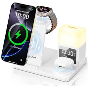 Augnner Caricatore Wireless Con lampada notturna e sveglia, 6 In 1 Stazione Ricarica Apple Induttiva Compatibile Con iPhone 17 16 15 14 13 12 11 XS/XR/X/8/8 Plus, Apple Watch, AirPods 4/3/2/Pro (Bianco)