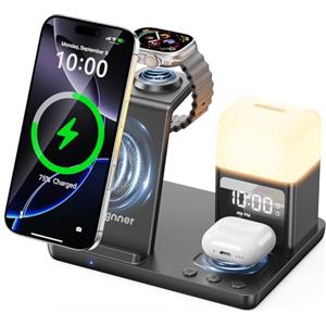 Augnner Stazione di ricarica induttiva per iPhone 17/16/15/14/13/12/11 Serie, caricatore wireless 6 in 1 con lampada da comodino e sveglia, caricatore wireless compatibile AirPods 4/3/2/Pro