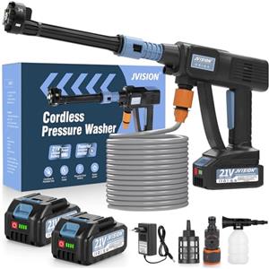 JVISION Idropulitrice a Batteria, 21V Idropulitrice Elettrica Portatile con 2 Batterie e Tubo da 5M, Lavatrice Senza Fili per Auto, Giardino, Terrazza, Prato e Irrigazione
