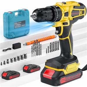 ENRIPRT Trapano Avvitatore Batteria 21V, 45Nm Max Avvitatore Batteria con 2 Batterie 2.0Ah, 25+3 Impostazione Coppia,2 Velocità,LED Luce, Avvitatore Elettrico per Riparazione, Fai da te (Giallo)