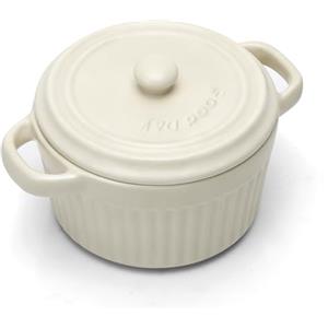 Penbinmall Mini cocotte con coperchio, pirofila in ceramica con manici e coperchio, stampini rotondi con coperchio per lasagne, soufflé, crème brûlée, dessert, per microonde e forno (Bianco, S-250ml-1pc)