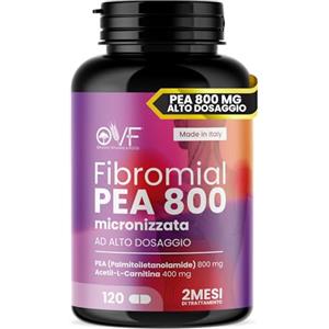 PARAFARMACIA, ORGANIC VITAMINS & FOOD OVF Fibromial PEA 800 120cps Integratore Naturale 100% con Palmitoiletanolamide 800 L Acetil Carnitina 400 Senza Eccipienti, Supporto al Benessere di Nervi e Muscoli per Disturbi Diffusi Made In Italy