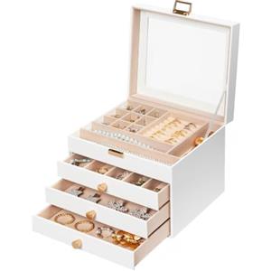 HOOBRO Scatola Portagioie 4 Livelli con Coperchio in Velluto e Finestra in Acrilico, 3 Cassetti, per Collane Orecchini Bracciali Anelli Orologi, Bianco EWT27JB04