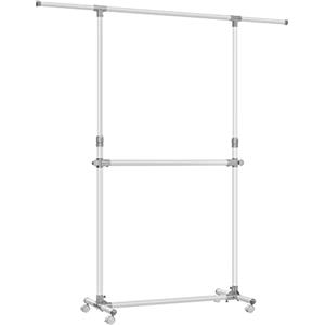 SONGMICS Stand Appendiabiti Doppio, Attaccapanni Estensibile con Ruote, Altezza Regolabile 113-180 cm, Barra Centrale Regolabile, Bianco LLR401W01