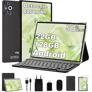 Dghrti 2025 Tablet 10 Inch Android 14, 22GB RAM 128GB ROM/TF 1TB, Octa-Core Processor, 8000mAh, Metal Body, Face ID, WiFi 6, 8MP+5MP, Widevine L1, Eye Protection, Keyboard, Mouse, Black