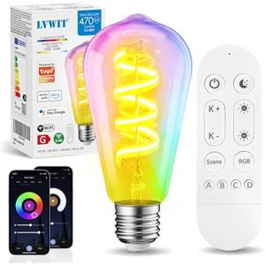 LVWIT Lampadine Alexa Vintage lampadina Smart Retrò Edison 470Lm,Lampadine wifi E27,Smart Bulb 6.3W Equivalenti a 40W,lampadina intelligente RGB,Luce Alexa,Controllo Telecomando e App, 1 Unità