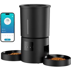 AONBOY Distributore Automatico Cibo Gatti 2 Ciotole: 5L Distributore Automatico Cibo Cane con Timer WiFi 2.4G per Crocchette - Design Doppia Ciotola per Famiglie con Più Gatti & Cani - Nero