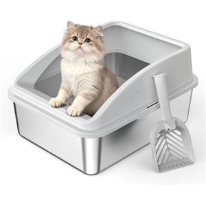 FURTIME Lettiera per gatti in acciaio inox, 18 l, con pala, in metallo con alloggiamento laterale a parete alta, a prova di perdite, per gattini, 43 x 33 x 20 cm