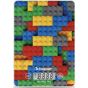 BEPER P102BIL005 Bilancia da Cucina Digitale, Piatto in Vetro Temperato, Funzione Tara, Display LCD Touch, Precisione 1g-5kg, Appendibile, Batteria Inclusa, Mattoncini colorati
