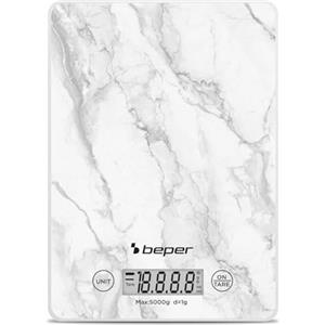 BEPER P102BIL004 Bilancia da Cucina Digitale, Piatto in Vetro Temperato, Funzione Tara, Display LCD Touch, Precisione 1g-5kg, Appendibile, Batteria Inclusa, Marmo Bianco
