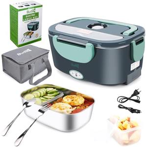 Budth 80W Scaldavivande Elettrico, Scaldavivande Portatile per Auto e Casa, Contenitore Rimovibile in Acciaio Inossidabile 304, Forchetta e Cucchiaio SS e Borsa Per il Trasporto (Grigio+Verde)
