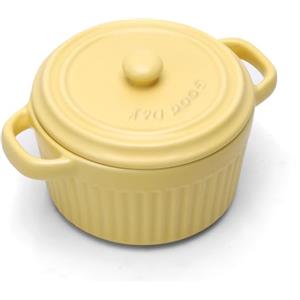 Penbinmall Mini cocotte con coperchio, pirofila in ceramica con manici e coperchio, stampini rotondi con coperchio per lasagne, soufflé, crème brûlée, dessert, per microonde e forno (Giallo, S-250ml-1pc)