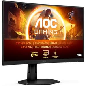 AOC Gaming CQ27G4X Monitor curvo QHD da 27 pollici, 180 Hz, 0,5 ms, FreeSync Prem., HDR10 2560x1440, DisplayPort, 2x HDMI Regolabile, nero/grigio, 27 pollice QHD Curvo, Regolazione altezza