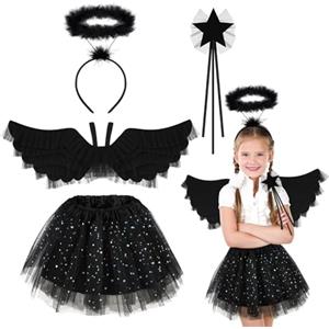 Hifot 4 Pezzi Costume Angelo Bambina,Ali Angelo Tutu ed Aureola Bacchetta Magica Angel Fancy Dress Principessa per Bambina Halloween Carnevale Natale Cosplay Party