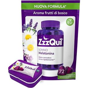 ZzzQuil Sonno Formula Vegana Integratore per Dormire con Melatonina ed Estratti Di Valeriana, Camomilla e Vitamina B6, Addormentarsi Velocemente, 72 Pastiglie Gommose, Gusto Frutti di Bosco