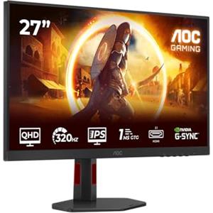 AOC Monitor Q27G4SRU da 27 pollici QHD, 300 Hz, IPS, 0,3 ms, Adaptive Sync, HDR400, regolazione dell'altezza, altoparlanti, G-Sync Comp., (2560 x 1440, HDMI 2 x 2.1, DP 1 x 1.4 Hub USB) Nero/Rosso