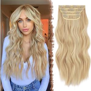 FESHFEN Extension Capelli a Clip - 4PCS Lunga Ondulati Capelli Estensioni Clips Ricci Sintetici Posticci Capelli Extension con Clip in Hair Extensions per Donna 50 cm Mix Dorato Scuro Biondo beige