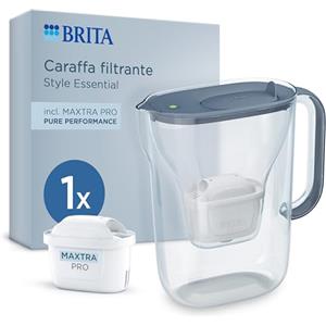BRITA Caraffa filtrante Style Essential Stone Blue (2.4L) incl. 1x BRITA MAXTRA PRO PURE PERFORMANCE che riduce cloro, calcare, PFAS e metalli - Adatta alla porta del frigorifero, con indicatore LED